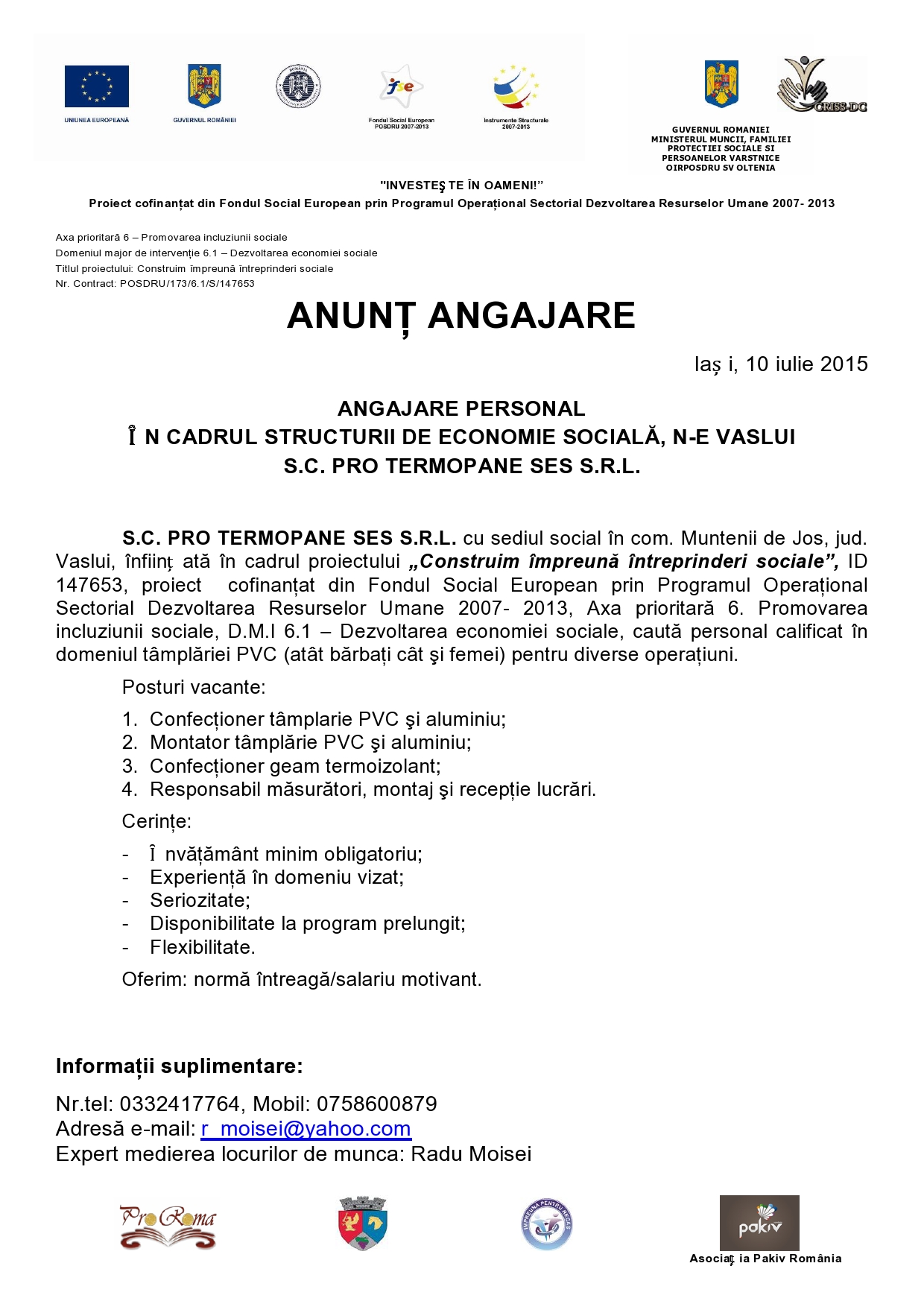 Anunt angajare SC PRO TERMOPANE SES SRL 10 iulie  2015 Iași-page0001