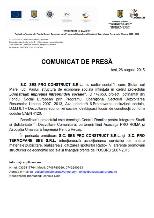 Comunicat de presa SC SES PRO CONSTRUCT SRL 26 august   2015 Iași aprobat 001
