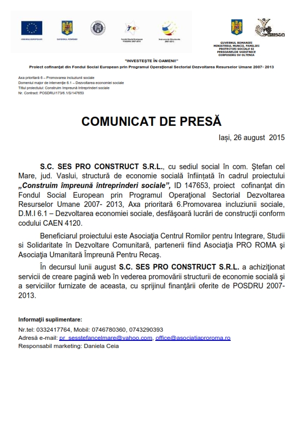 Comunicat de presa SC SES PRO CONSTRUCT SRL 26 august   2015 Iași aprobat 2 001